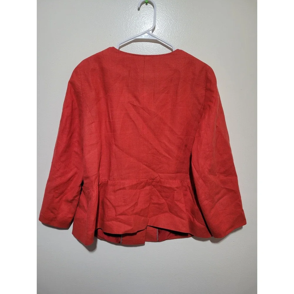 Talbots Blazer Women 14W Coral Red Good‎ 100% Linen Collarless Snap Front Jacket